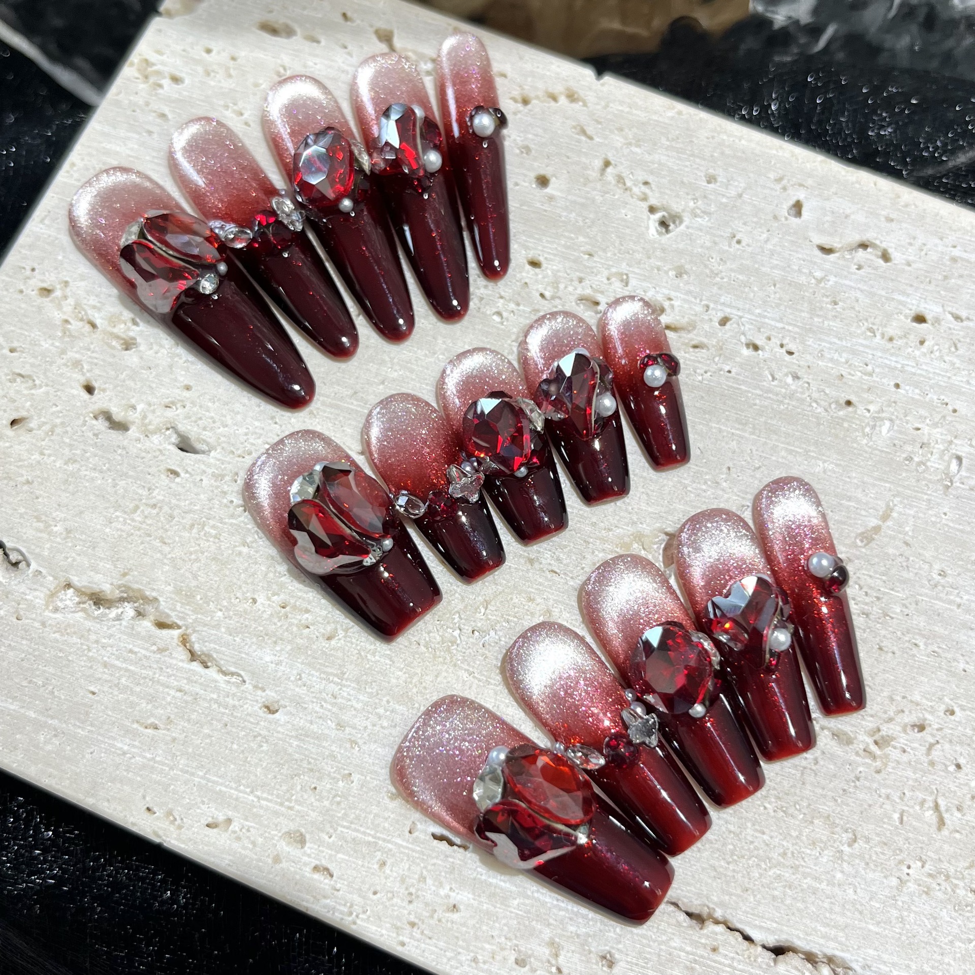 新年小辣椒 纯手工光疗穿戴甲辣椒红渐变猫眼堆钻长甲 可拆卸甲片