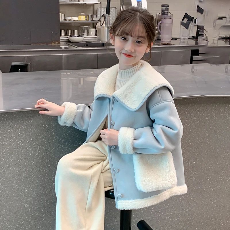 女童加绒外套秋冬款毛毛衣2025新款今年流行呢大衣儿童休闲上衣潮
