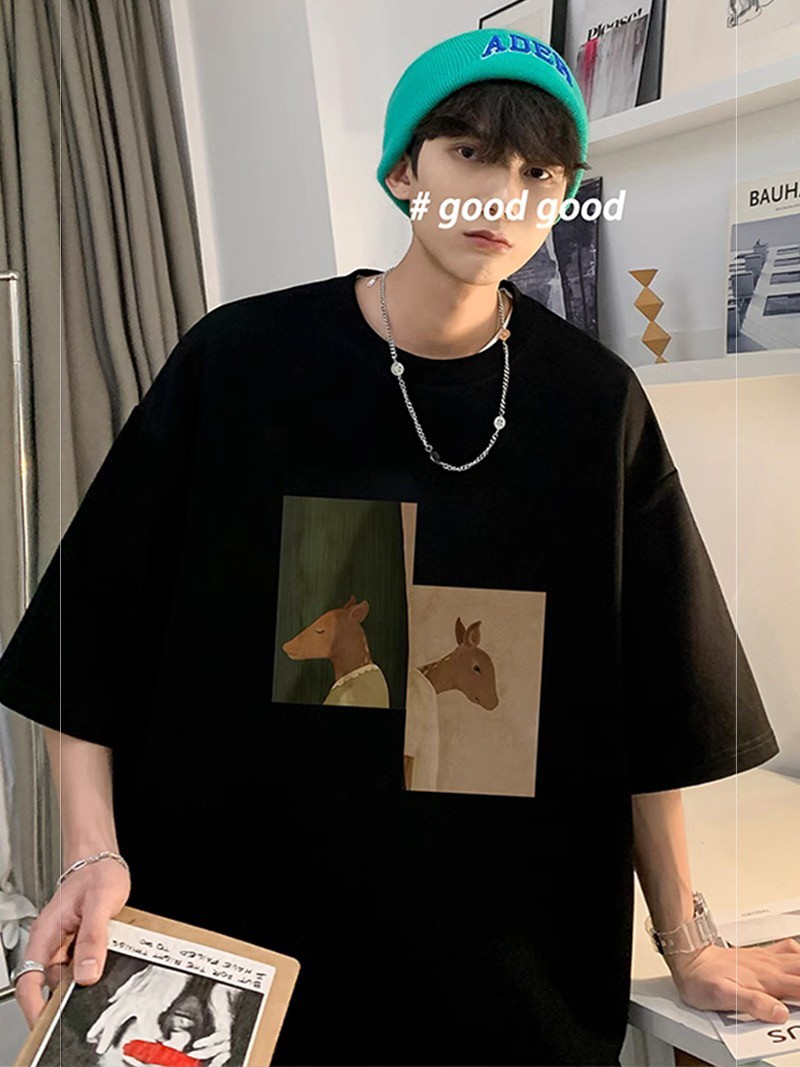 短袖男款夏季宽松重磅男t恤美式复古黑色学生上衣青少年半袖体恤