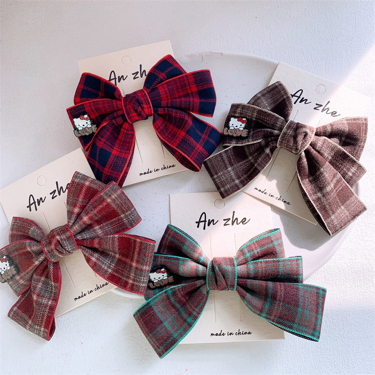 秋冬新款儿童复古格纹蝴蝶结发夹女孩洋气学院风顶夹亲子发卡头饰