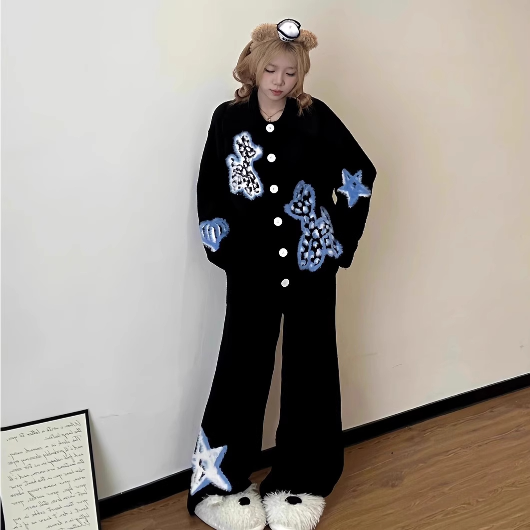 韩版趣味卡通小狗印花针织半边绒睡衣女秋冬季加厚保暖家居服套装