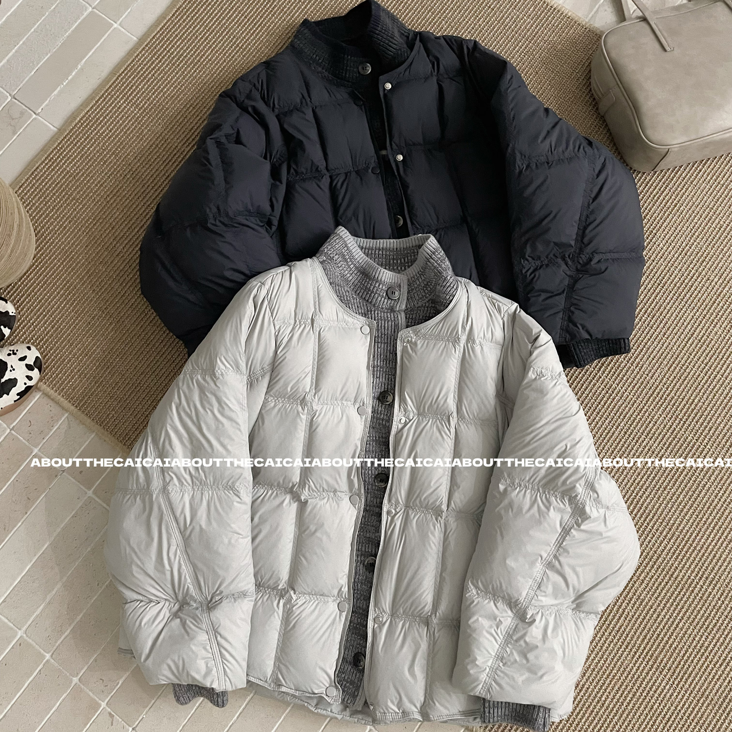 CAICAI针织拼接假两件立领90白鸭绒羽绒服女冬季保暖外套轻装滑