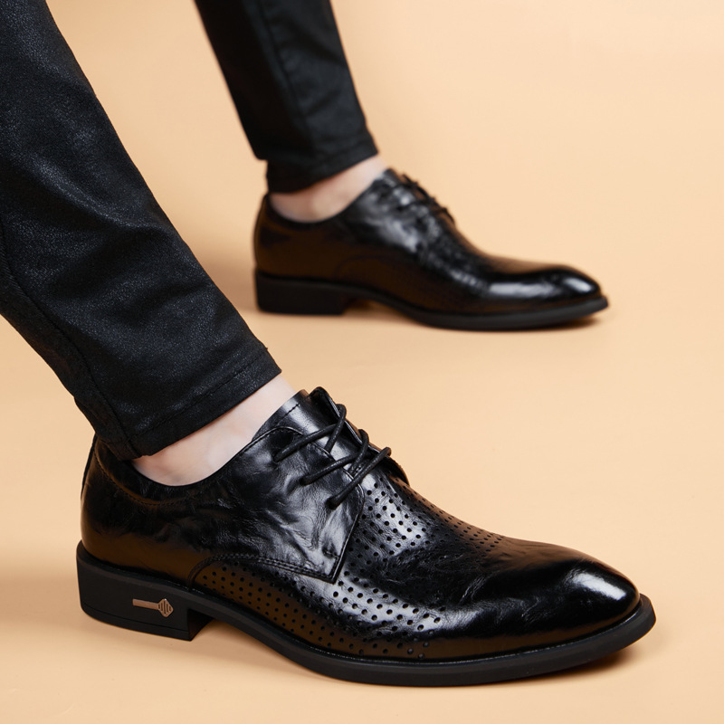 EAEOVNI夏季尖头镂空皮鞋男青年韩版商务休闲鞋内增高打孔男鞋