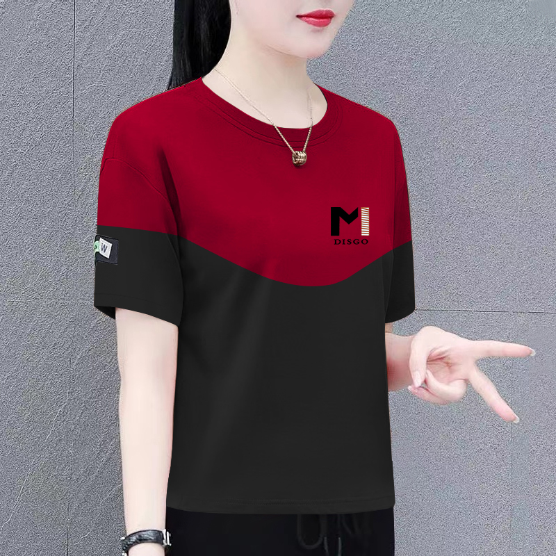纯棉短袖夏季圆领撞色T恤韩版洋气妈妈宽松显瘦遮肉时尚印花上衣