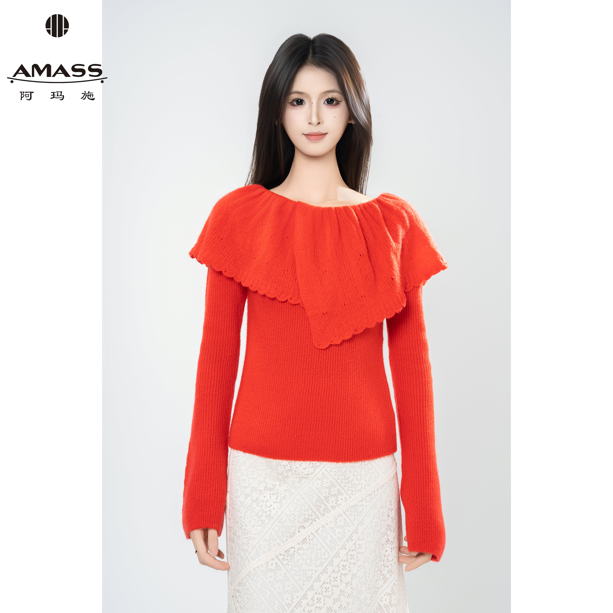 AMASS/阿玛施早秋新款设计感复古气质一字领套头时尚针织衫538096