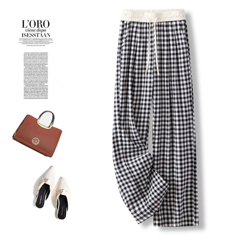 黑白格子阔腿裤女夏季2025新款松紧腰抽绳垂感慵懒风直筒裤子
