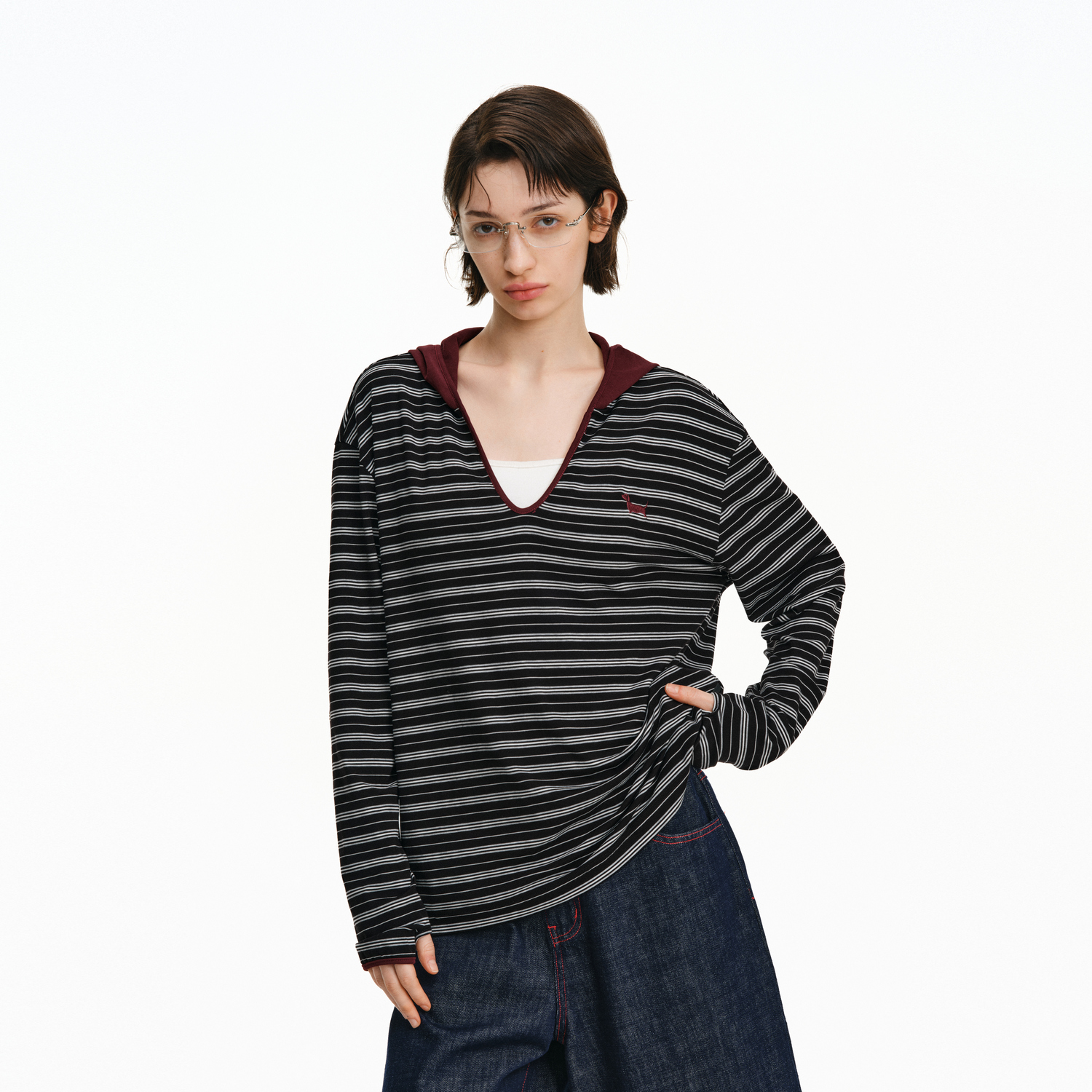 PCLP条纹撞色连帽罩衫夏季潮牌透气凉感长袖宽松显瘦t恤上衣