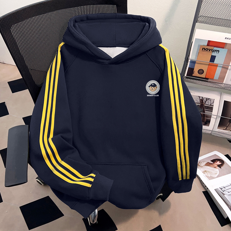 Dekkry秋冬时尚三条杠连帽加绒男女创意卡通小熊印花休闲套头卫衣