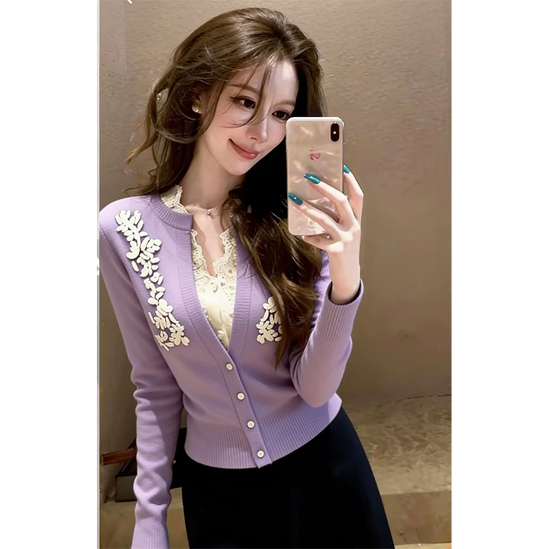 2025新款冬装花边拼接紫色针织衫女秋冬季网红风洋气显瘦开衫上衣