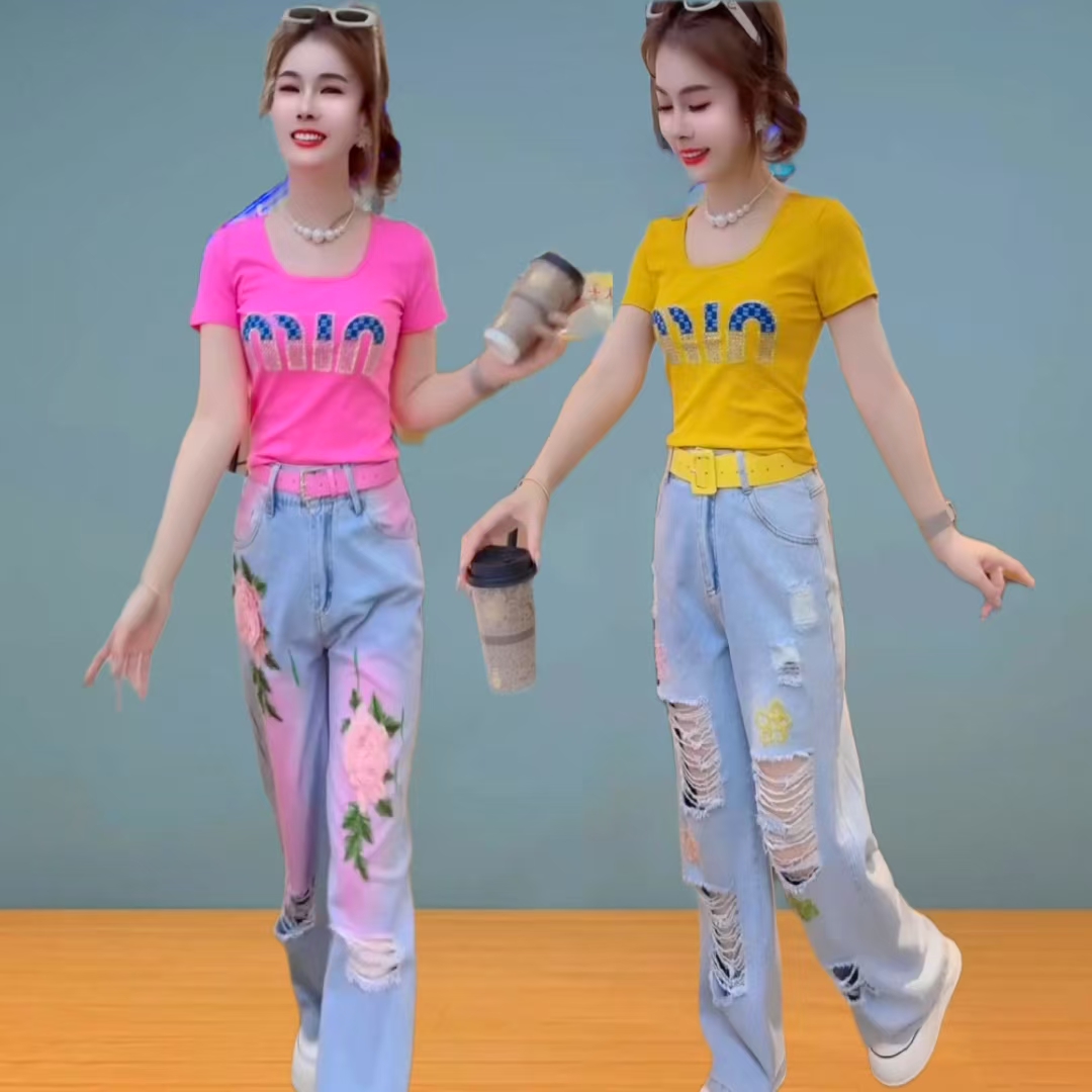 韩版休闲套装女2025夏新款重工时尚破洞高腰牛仔半袖高智淡人风