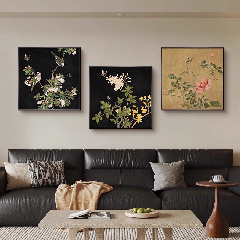 新中式沙发背景装饰画喜上眉梢中古风花鸟画卧室床头客厅复古挂画