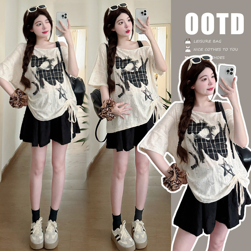 2025夏季新款韩版孕妇装宽松露肩蝴蝶结刺绣孕妇套装两件套百搭