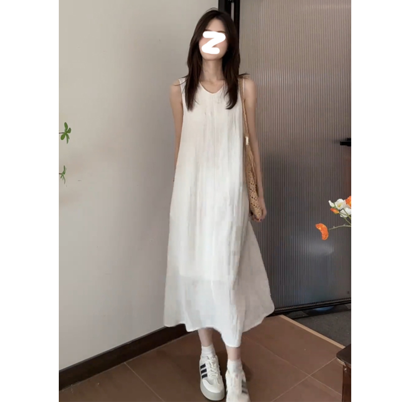 气质法式宽松中长款无袖纯色设计感连衣裙