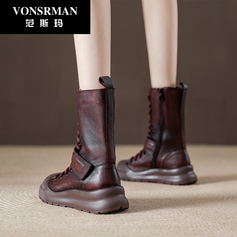 复古大头中筒马丁靴女厚底侧拉链骑行靴2025秋季新款机车女靴轻奢