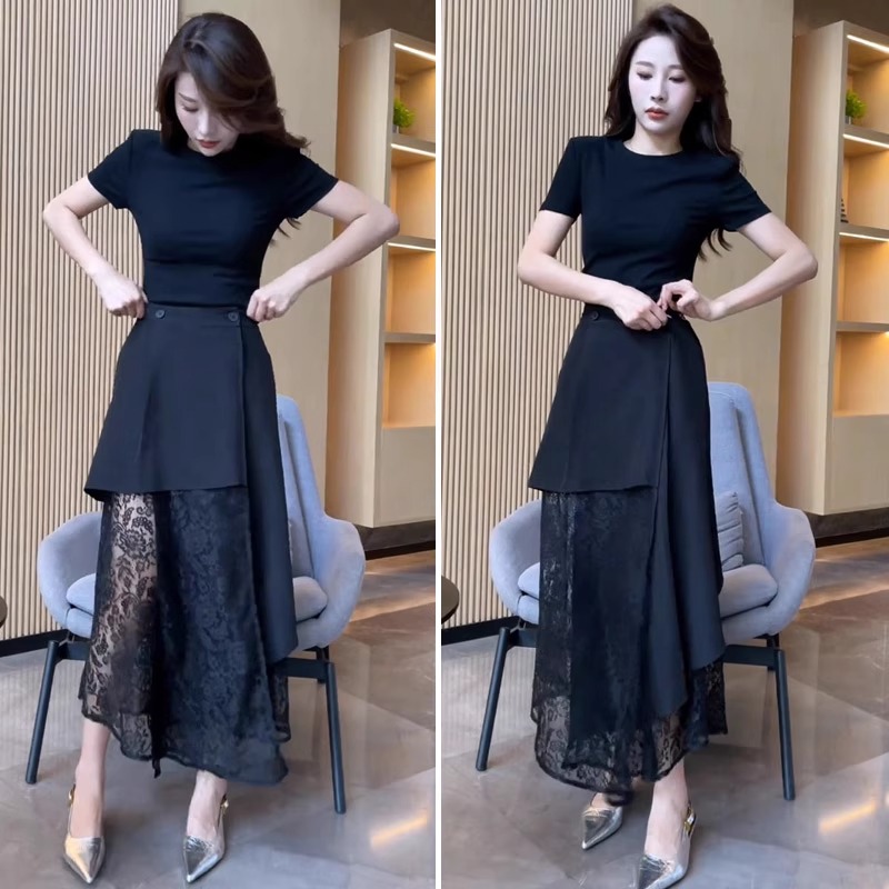 时尚套装女夏新款短袖T恤上衣洋气不规则蕾丝拼接半身裙两件套潮