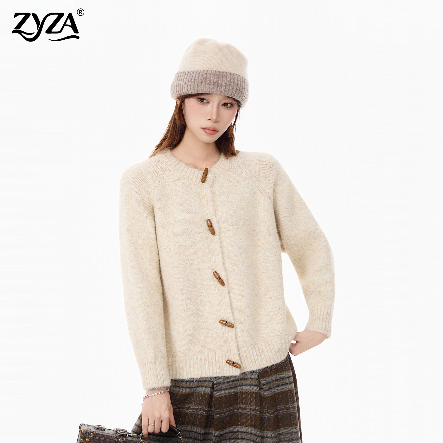 ZYZA复古牛角扣针织开衫女秋冬慵懒风日系百搭软糯毛衣外套上衣女