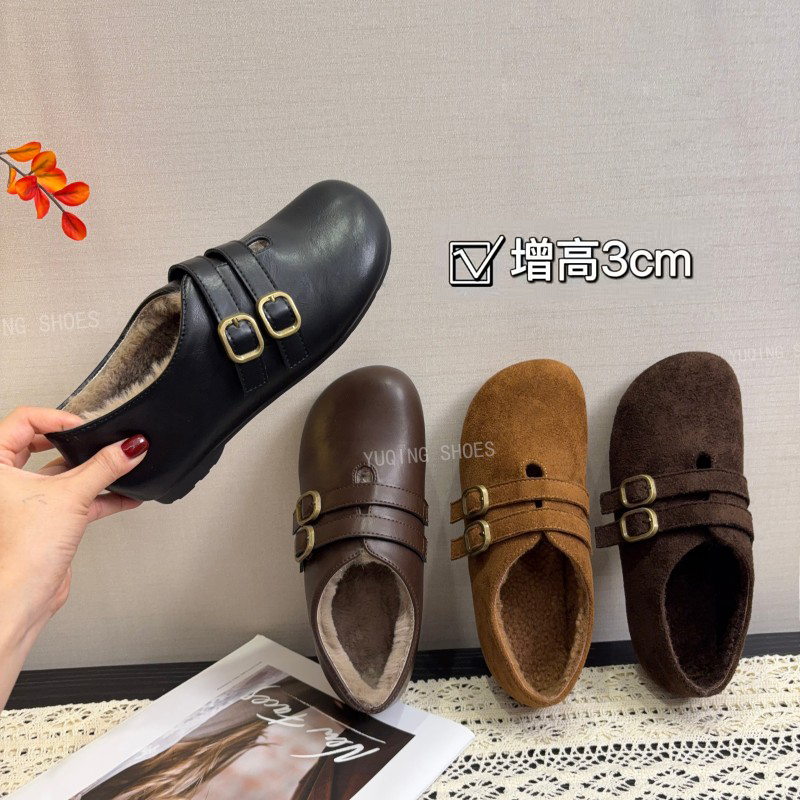 小众复古加绒单鞋女2025冬新款韩版百搭双排扣小皮鞋增高乐福棉鞋