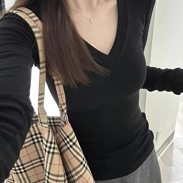 德绒韩版V领长袖T恤女正肩新款秋冬收腰显瘦内搭设计感上衣打底衫