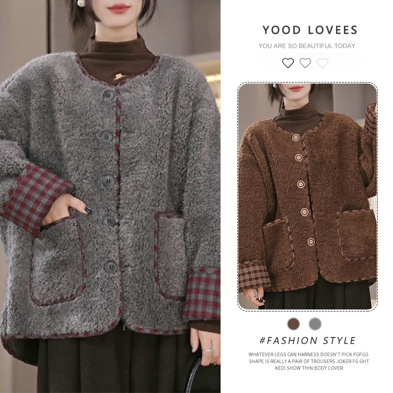 小香风毛毛圆领外套女2025秋冬新款韩版袖口撞色宽松时尚加厚上衣