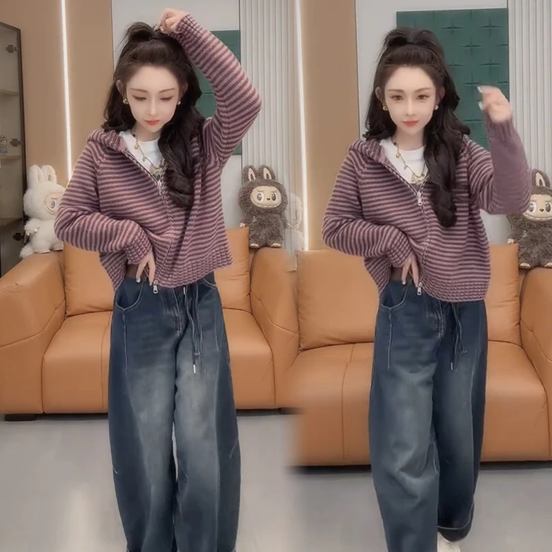 2025秋季穿搭一整套女韩系宽松连帽条纹开衫外套牛仔裤洋气两件套