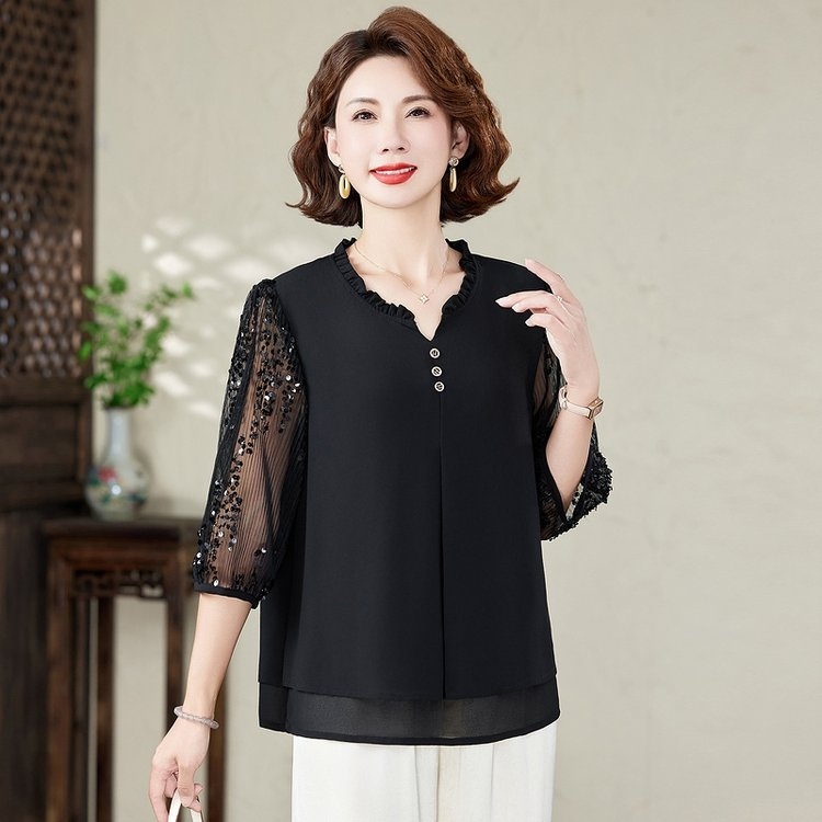 中老年装女装宽松拼接显瘦打底衫女装蕾丝小衫宽松衬衫大码