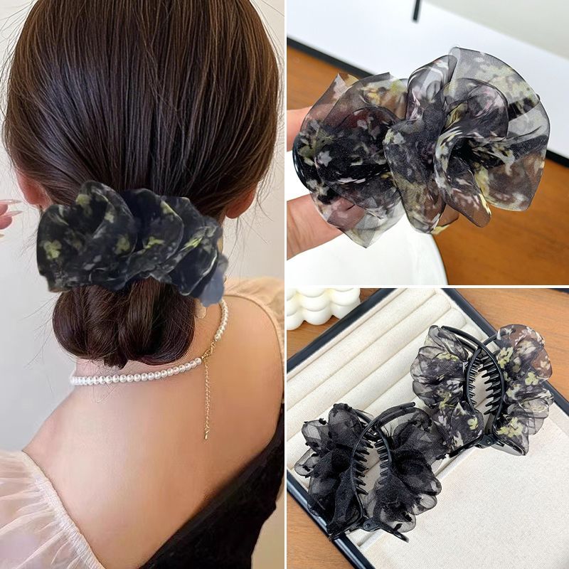 丸子头抓夹女2025新款高级感网纱褶皱碎花发夹后脑勺盘发夹子头饰