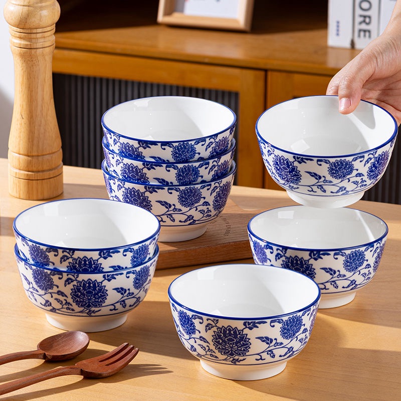 青花五福岁月静好10个装5英寸陶瓷碗家用大号米饭碗釉下彩吃饭碗