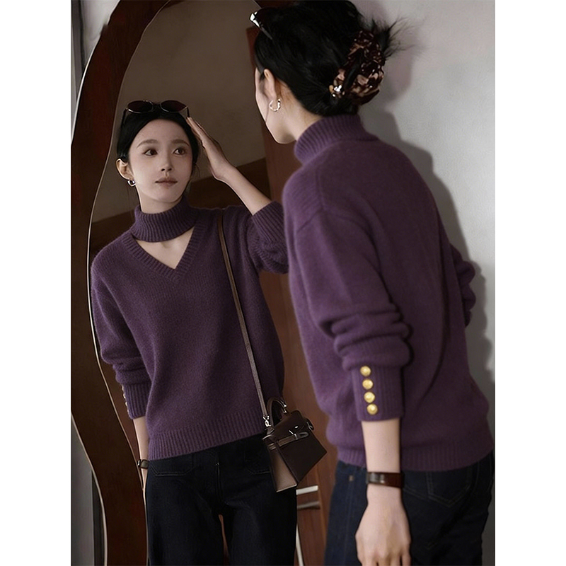 2025冬季新款洋气时髦气质独特别致显瘦漂亮V领香芋紫毛衣针织衫
