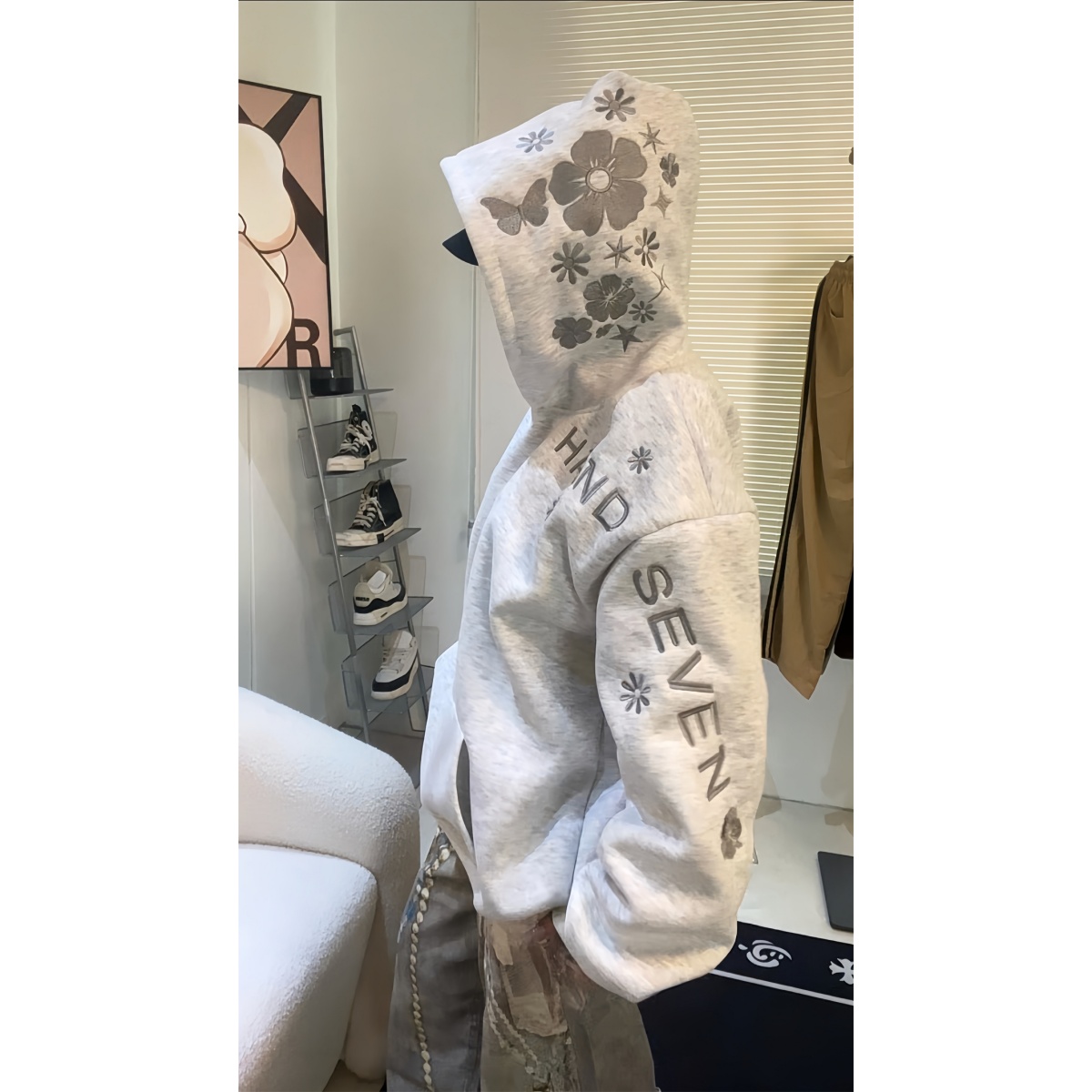 HandSeven美式秋冬帽子花卉刺绣连帽卫衣宽松潮流百搭休闲帽衫