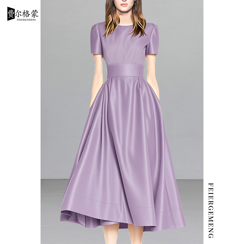 高贵气质名媛紫色大摆连衣裙夏季新款简约复古减龄赫本风连衣裙