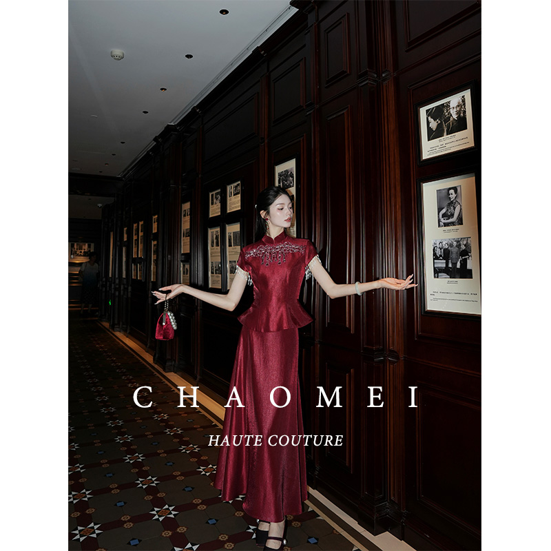 冯（CHAOMEI【熹礼】国风新中式女装米杏色+ 复古红人棉上衣+半裙