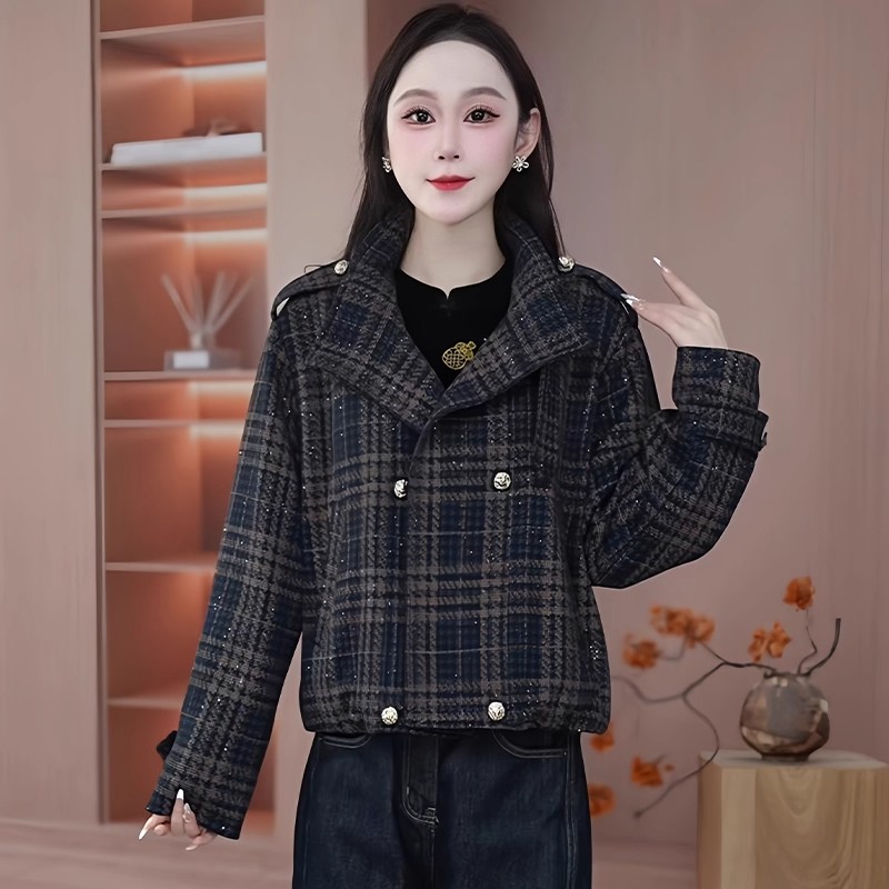拉夏贝尔西装领格纹短外套女2025秋季新款复古宽松双排扣短风衣潮