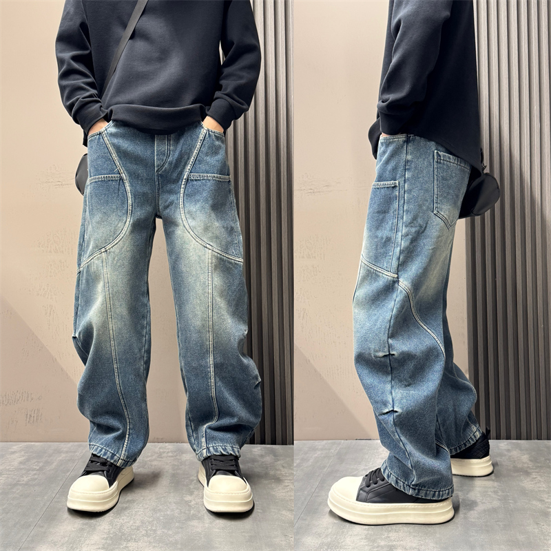 秋冬潮流新款设计感水洗做旧加绒加厚弯刀直筒牛仔裤男痞帅阔腿裤