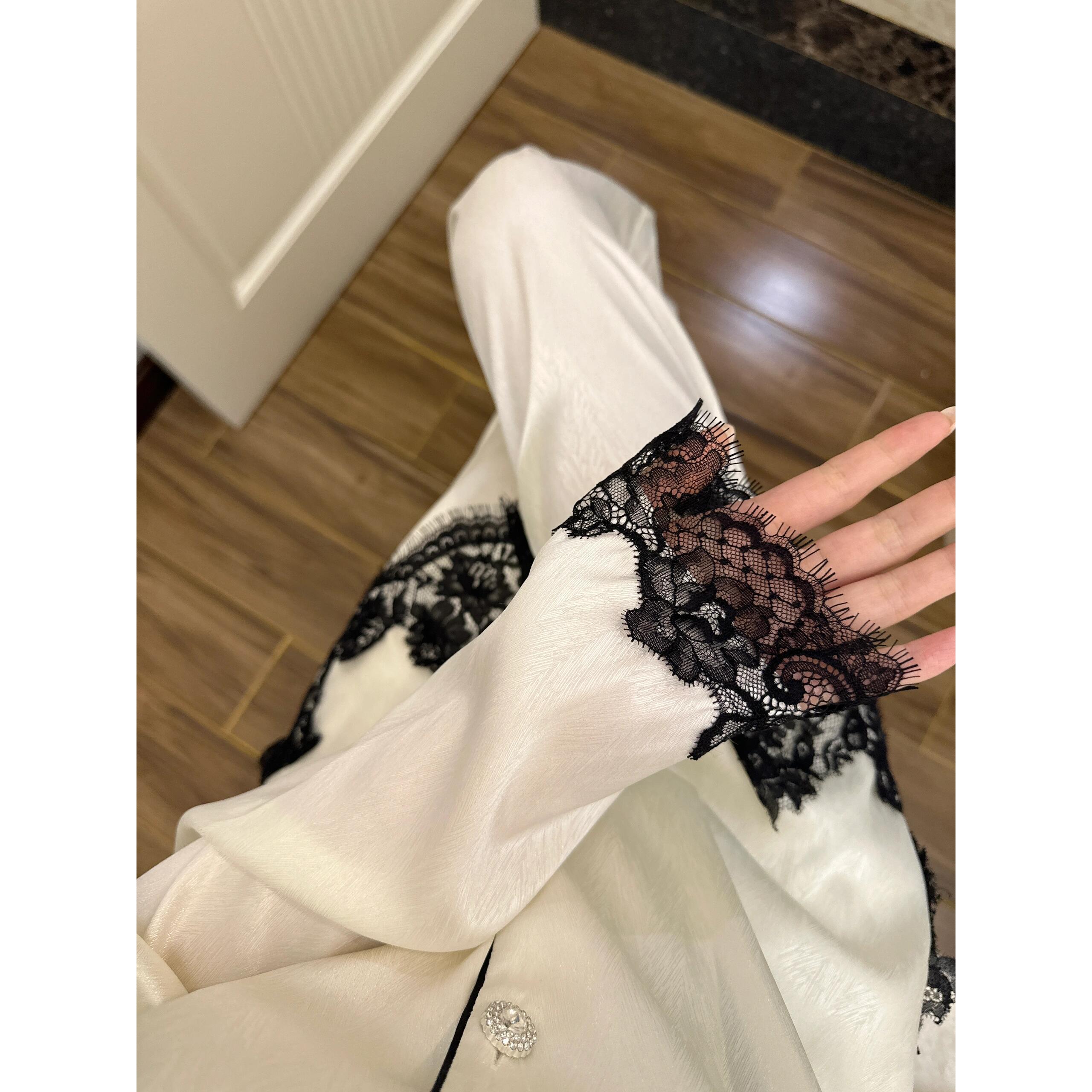 【白月光蕾丝】高级感拼接冰丝睡衣女春秋新款气质外穿套装家居服