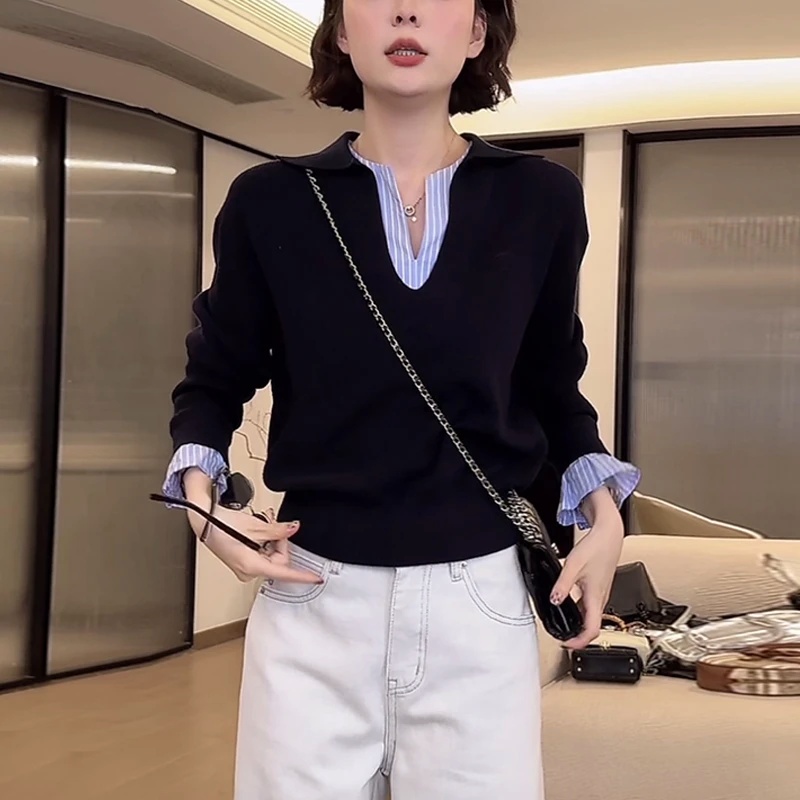 高级感假两件V领针织衫女早春新款韩版时尚撞色气质拼接洋气上衣