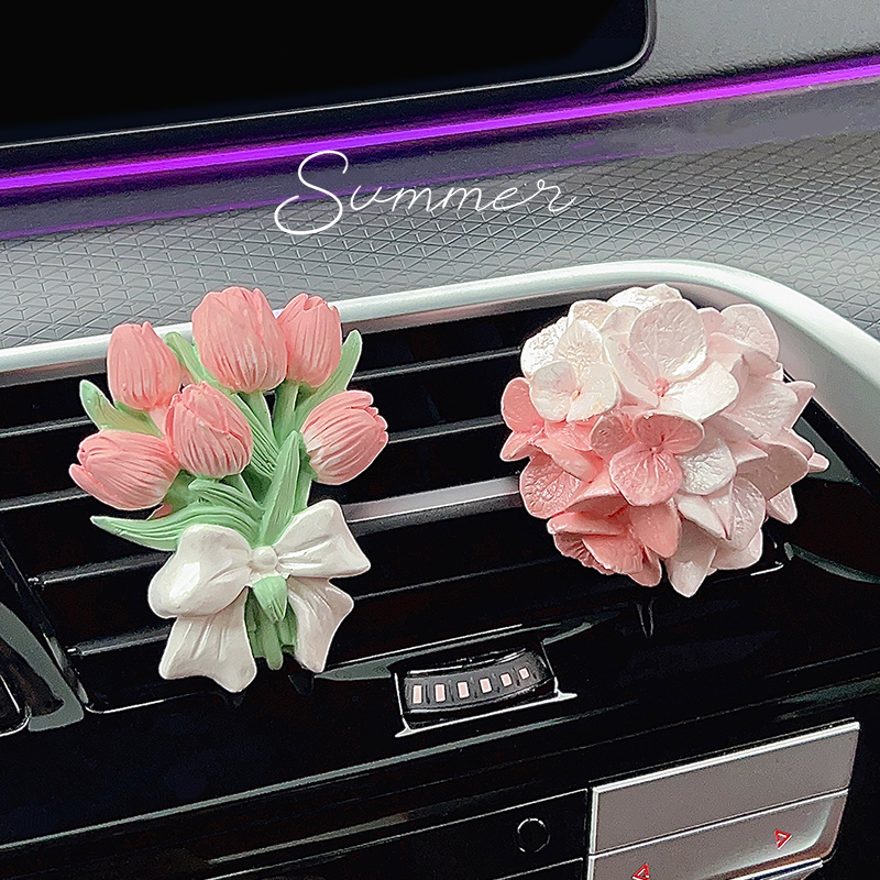 车载香薰香水小众郁金香绣球花装饰花朵香水车内饰品摆件女生高级