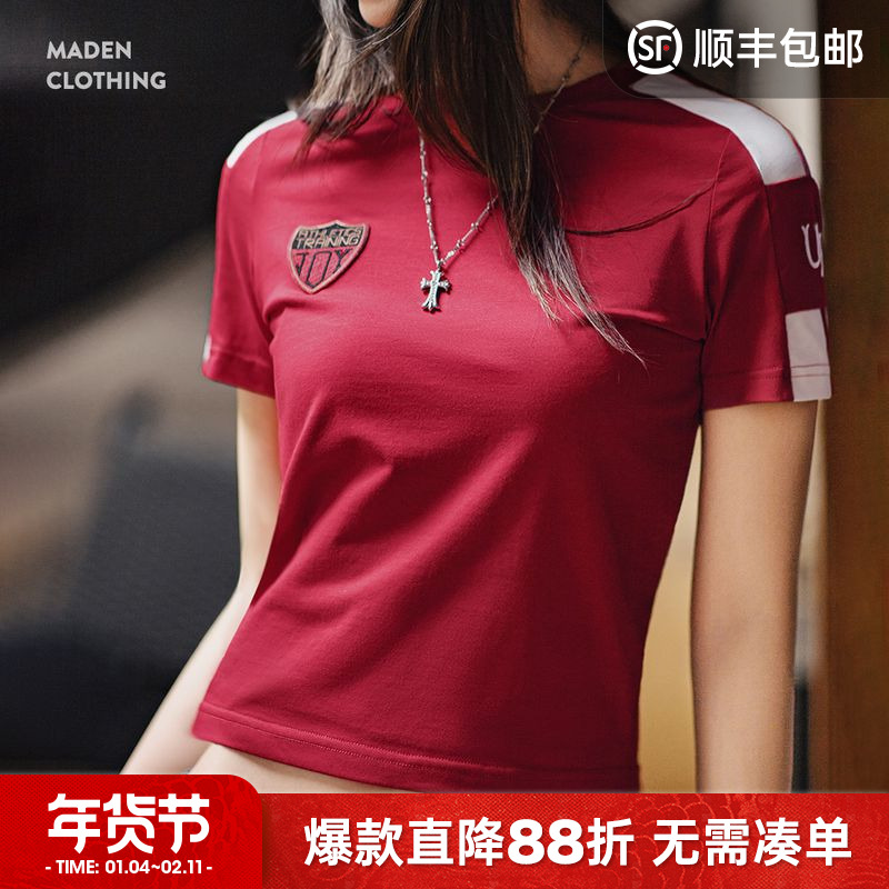 马登勃艮第红美式复古运动短袖球衣休闲通勤修身足球宝贝上衣夏女