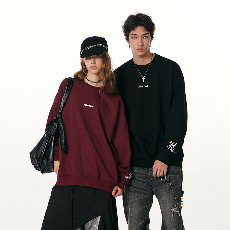 FORNINES刺绣圆领重磅卫衣男款潮牌秋冬内搭上衣女宽松休闲打底衫
