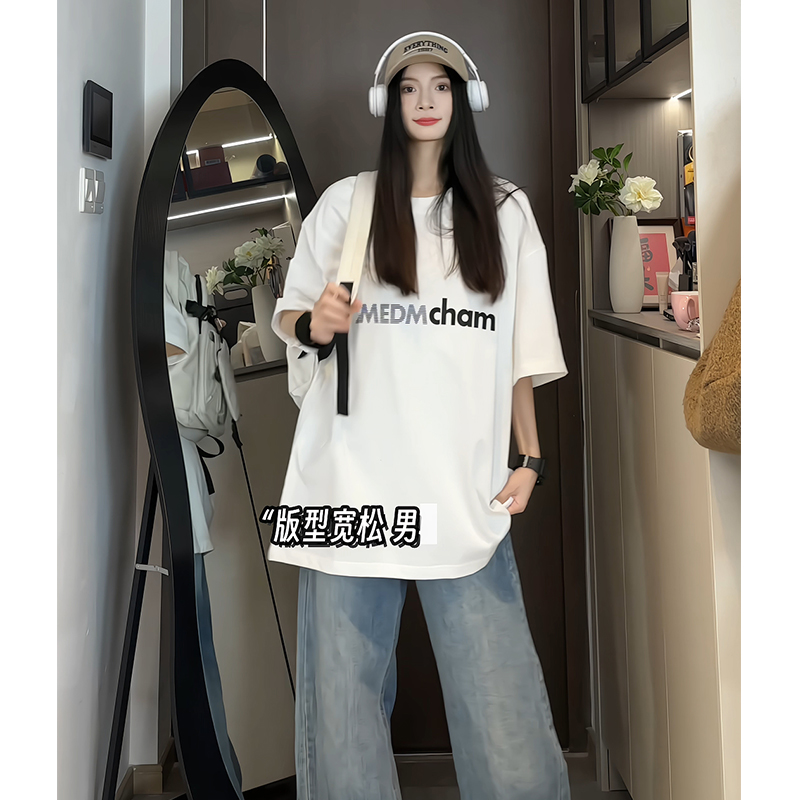 MEDM CHAM潮牌100%纯棉300g重磅男女字母印花夏季宽松情侣短袖T恤