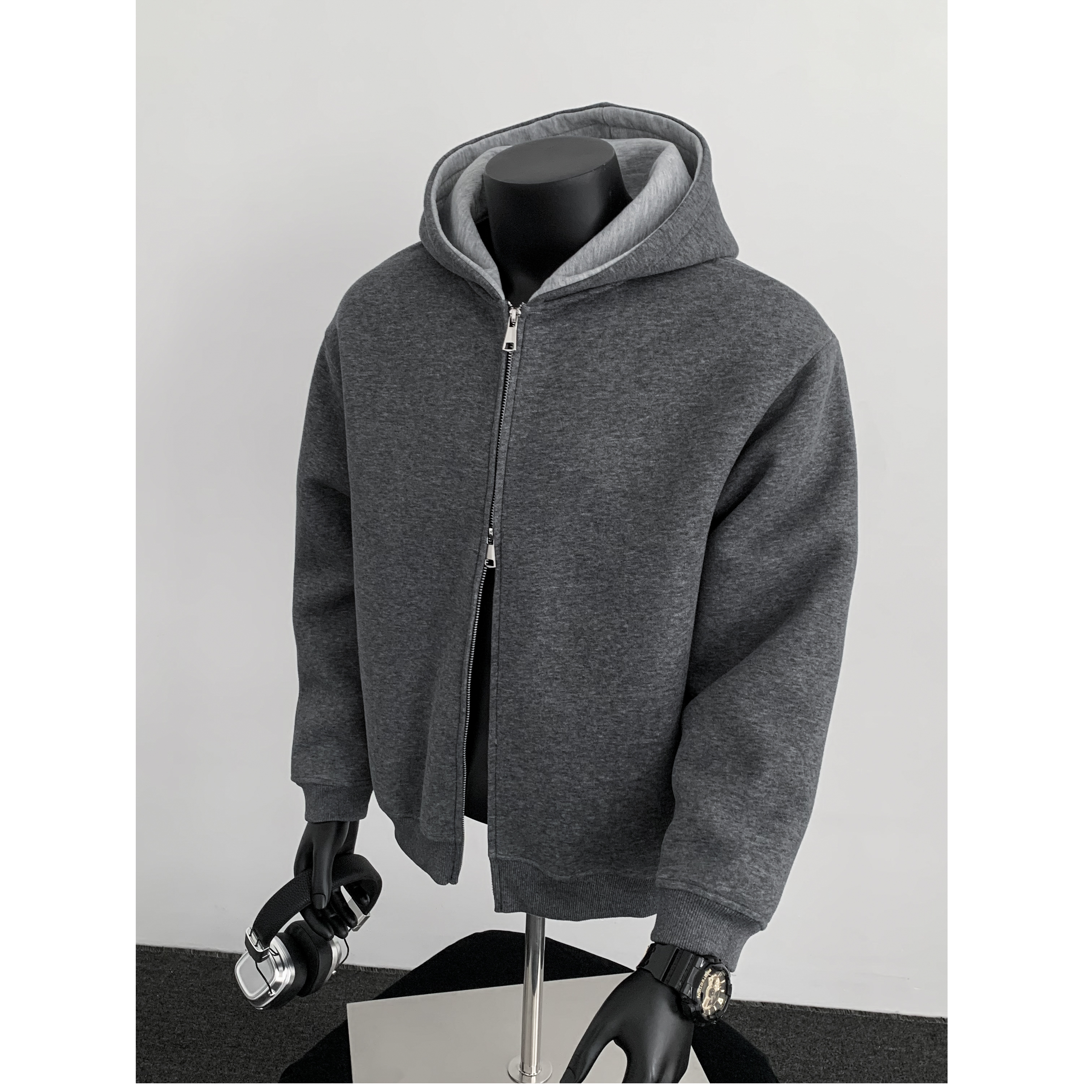 460G重磅拼色开衫卫衣男女同款连帽宽松休闲外套百搭运动情侣长袖