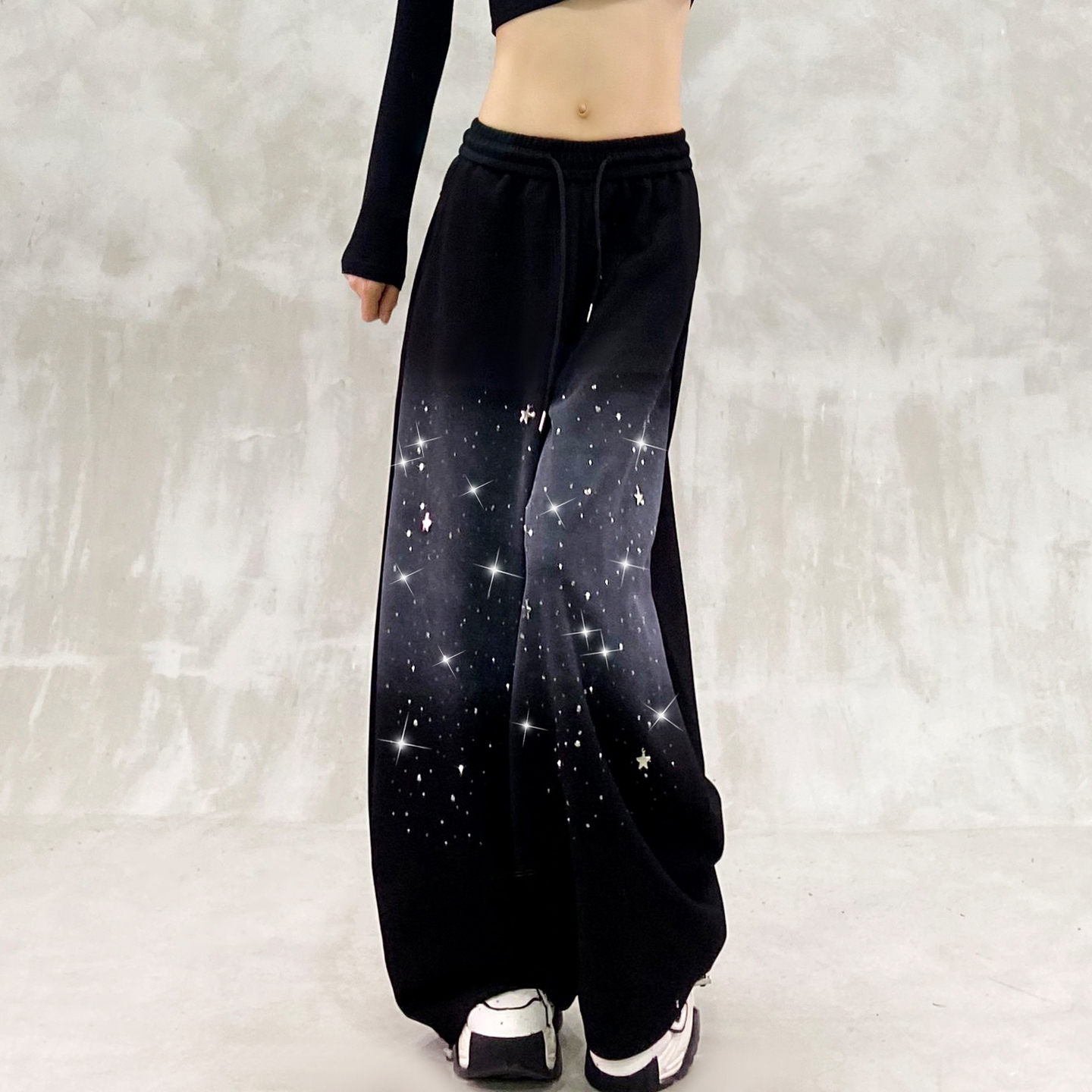 拼色设计烫钻黑色休闲运动裤女秋新款高腰宽松显瘦百搭直筒阔腿裤