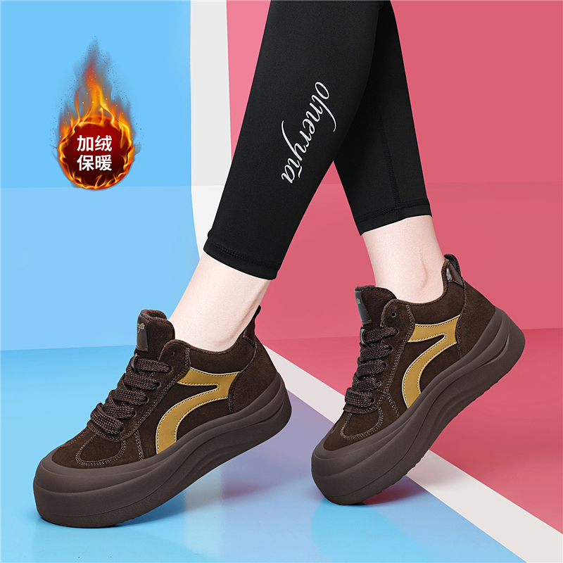 真皮磨砂厚底防滑运动休闲鞋女2025冬季新款系带复古百搭加绒板鞋