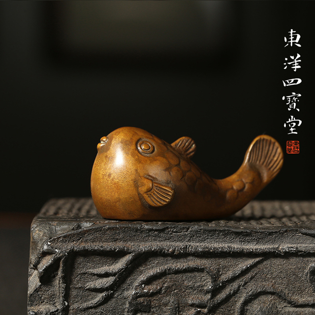 青铜小河豚笔搁笔置 实心铜器多功能镇纸镇尺笔山实用可爱文房用