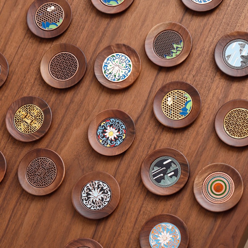 中式胡桃木茶杯垫珐瑯彩实木隔热杯托托防烫功夫茶具配件可定制
