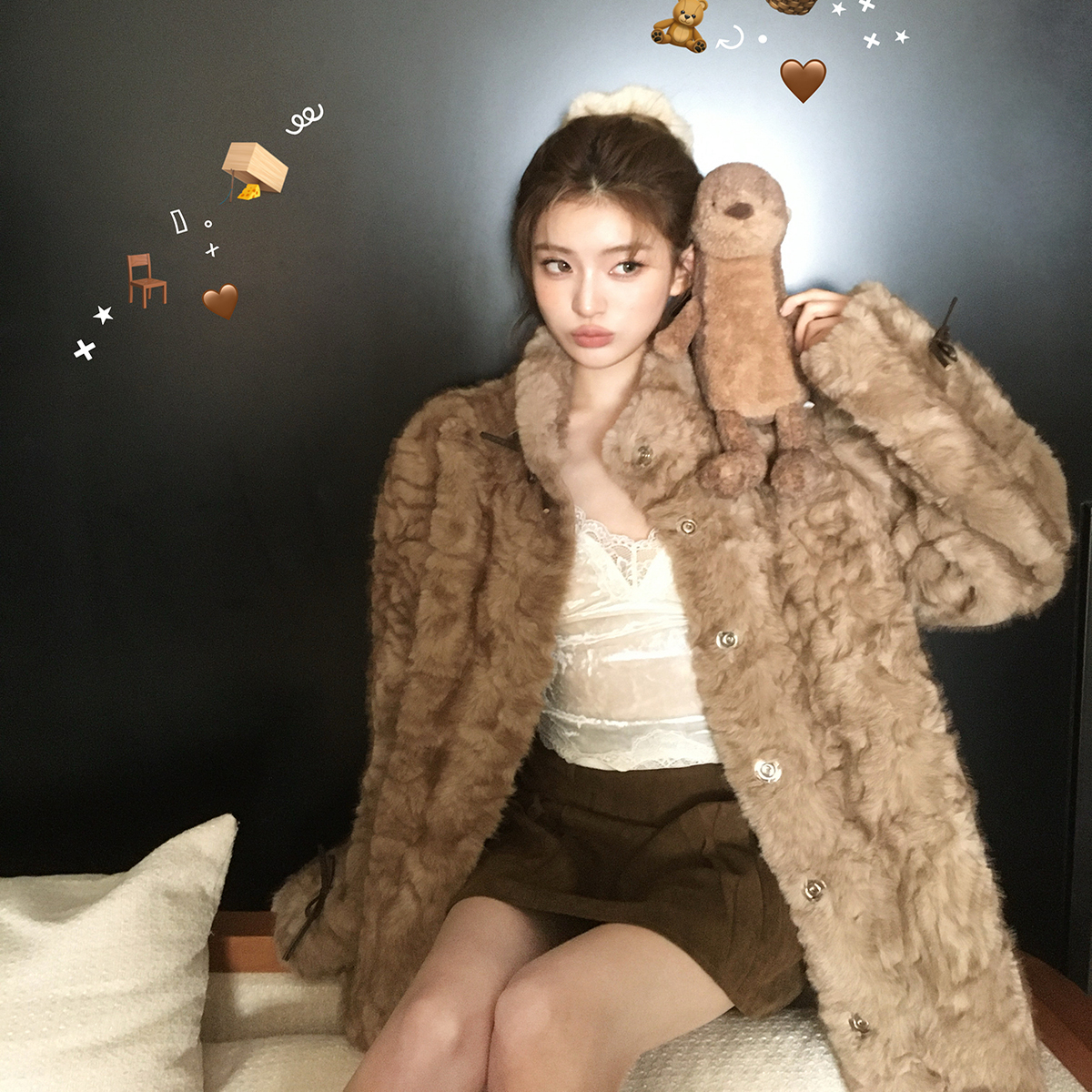 小熊心事 立领染尖皮毛一体女冬慵懒休闲保暖显瘦毛毛皮草外套