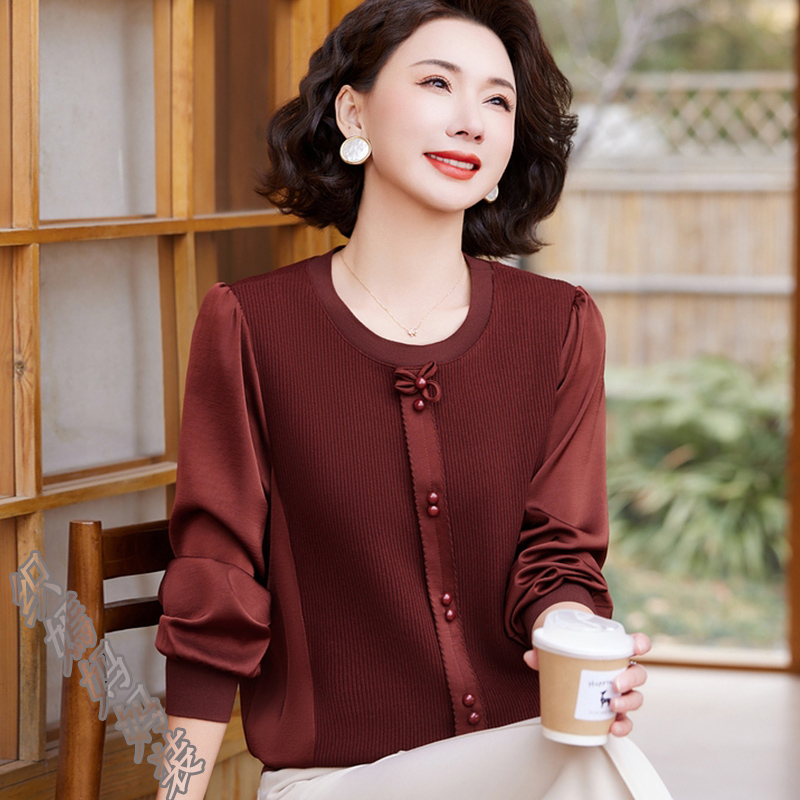 妈妈春秋装时尚拼接小衫洋气2025新款新中式中老年女装打底上衣