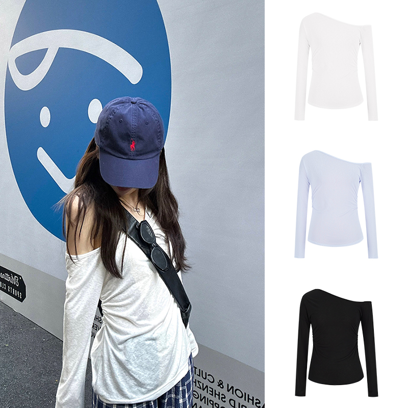 Moses Queen/魔西女王斜肩抽褶防晒长袖T恤女薄宽松休闲露肩上衣