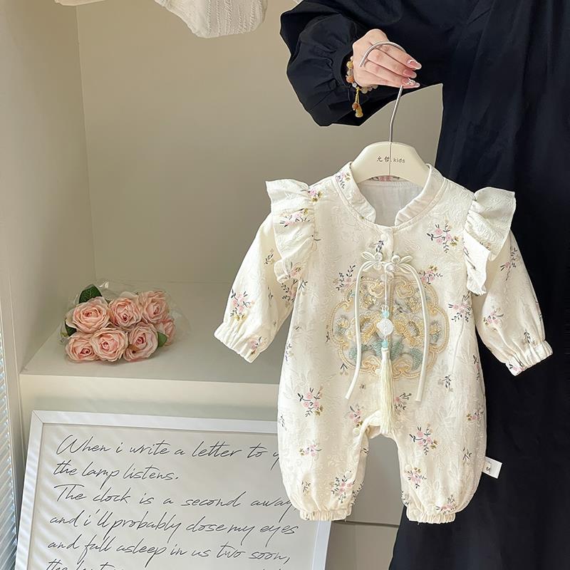 中式婴儿衣服秋装新款古风汉服连身衣女宝宝满月百天周岁公主礼服