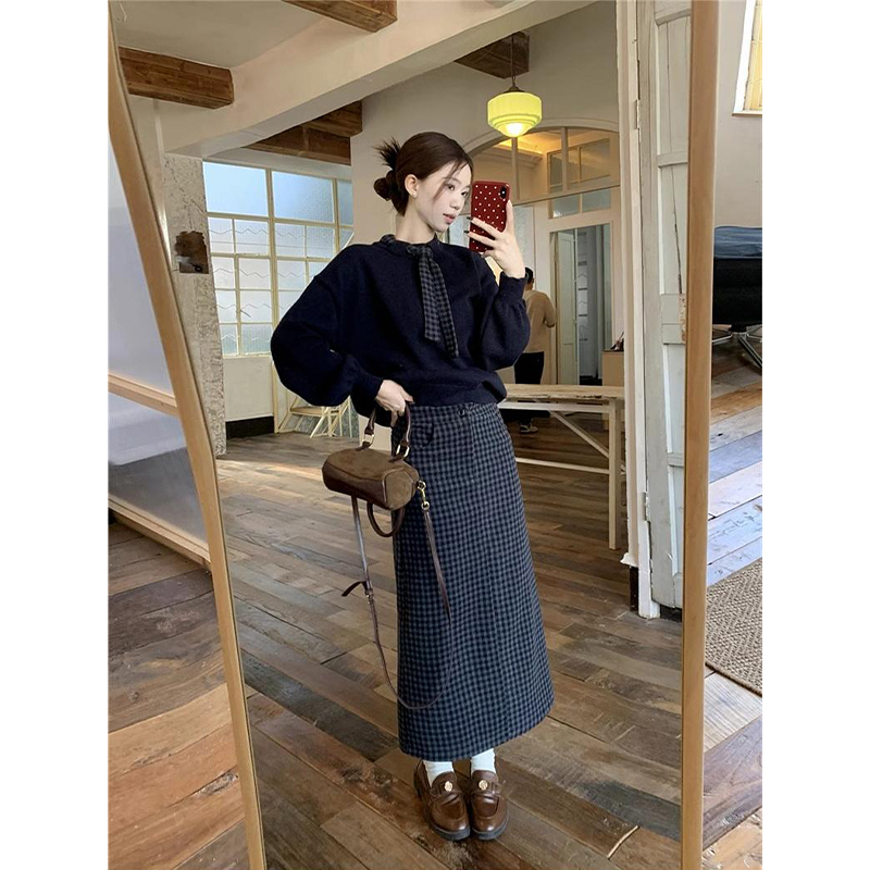 针织长袖毛衣秋季女生韩系ins衣服学院风高腰显瘦格子半身裙套装