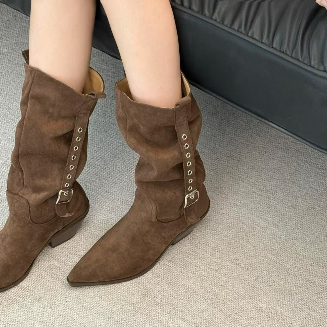 复古增高显瘦褶皱堆堆靴棕色美拉德风中筒靴女粗跟铆钉西部牛仔靴